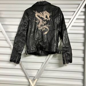 Black Faux Leather Jacket with Gold Dragon Embroidery